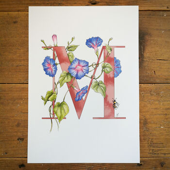 M Is For Morning Glory Initial Print, Personalised, 2 of 6