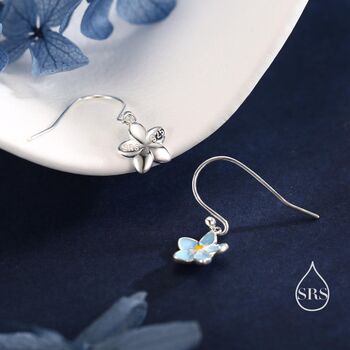 Sterling Silver Dainty Enamel Forget Me Not Flower Drop Hook Earrings, 4 of 10