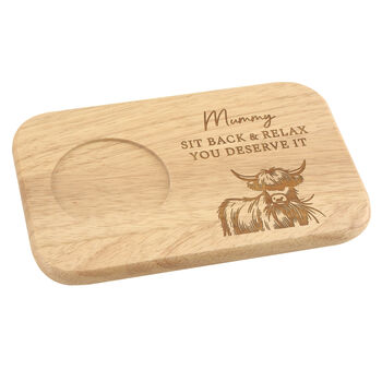 Personalised Highland Cow Wooden Tea And Biscuit Board Coaster Tray, 3 of 4