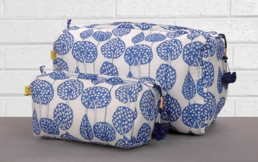 Tree Print Block Print Wash Bag In Imperial Blue By Reason Home