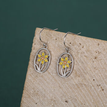 Sterling Silver Enamel Daffodil Oval Drop Earrings, 2 of 11
