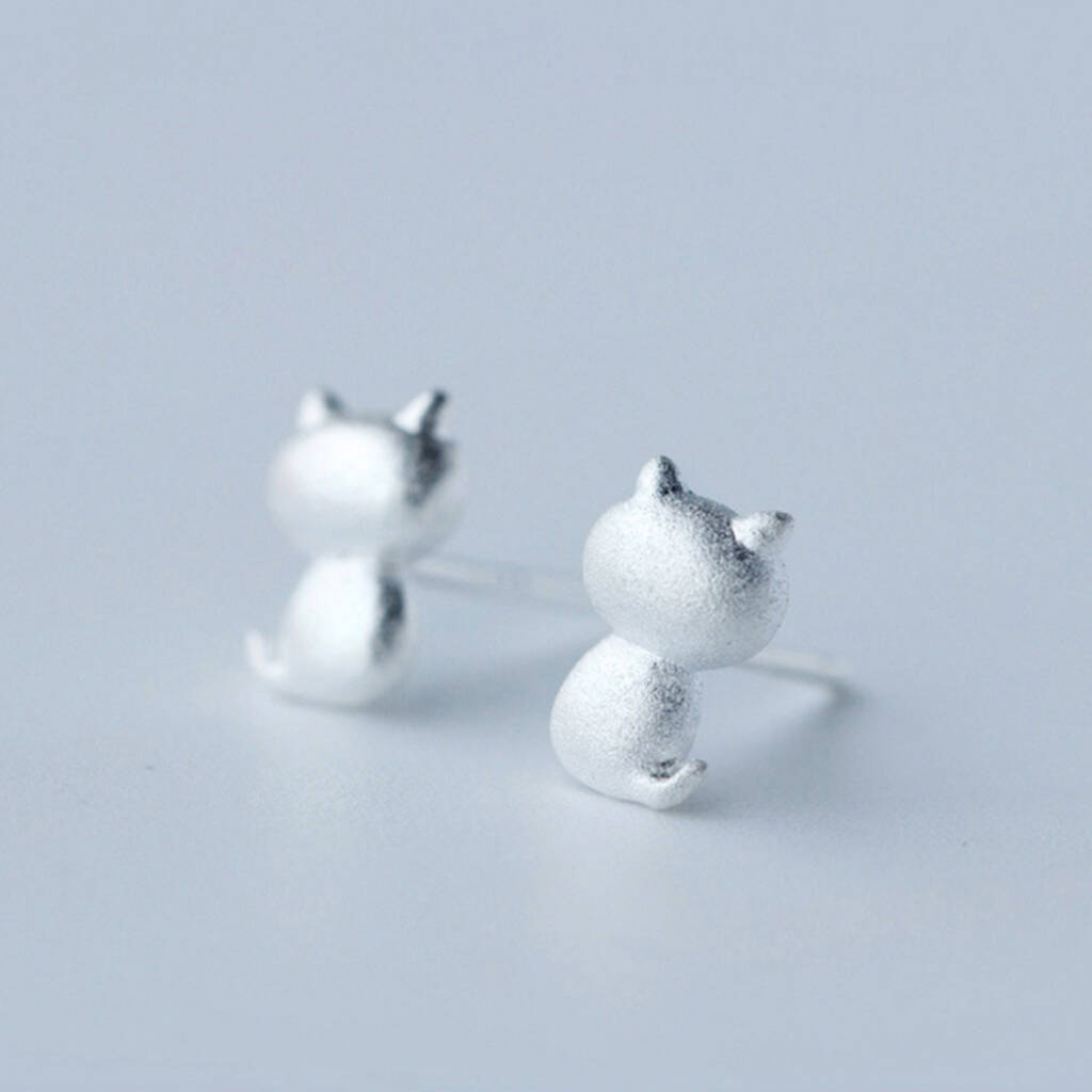 Textured Sterling Silver Cat Stud Earrings, 1 of 4