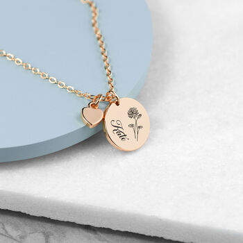 Personalised Birth Flower Heart And Disc Necklace, 8 of 12
