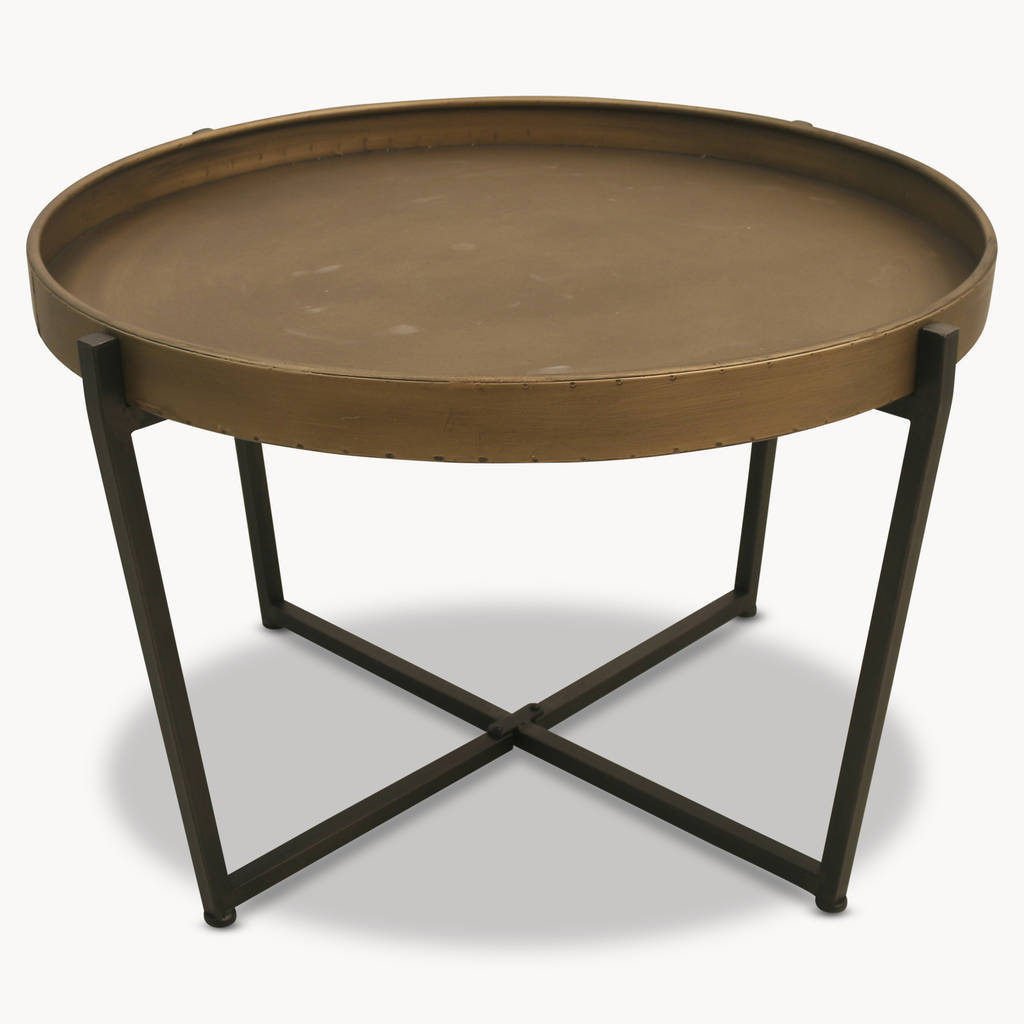 Annabel Rustic Grey Wood Brushed Metal Coffee Table Kathy Kuo Home   Original Granville Round Metal Coffee Table 