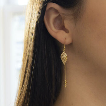 9ct Yellow Gold Diamond Cut Leaf And Chain Drop Earrings, 2 of 3