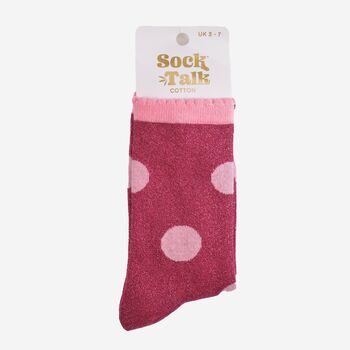 Women's Glitter Socks Berry Pink Large Polka Dots, 5 of 5