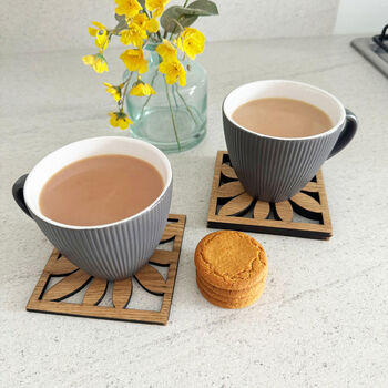 Oak Veneer Floral Coasters Set Of Four Home Gift, 8 of 8