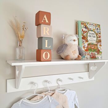 Personalised Wooden Letter Blocks, Nursery Shelf Name Sign, Terracotta, Sage Green, 3 of 12