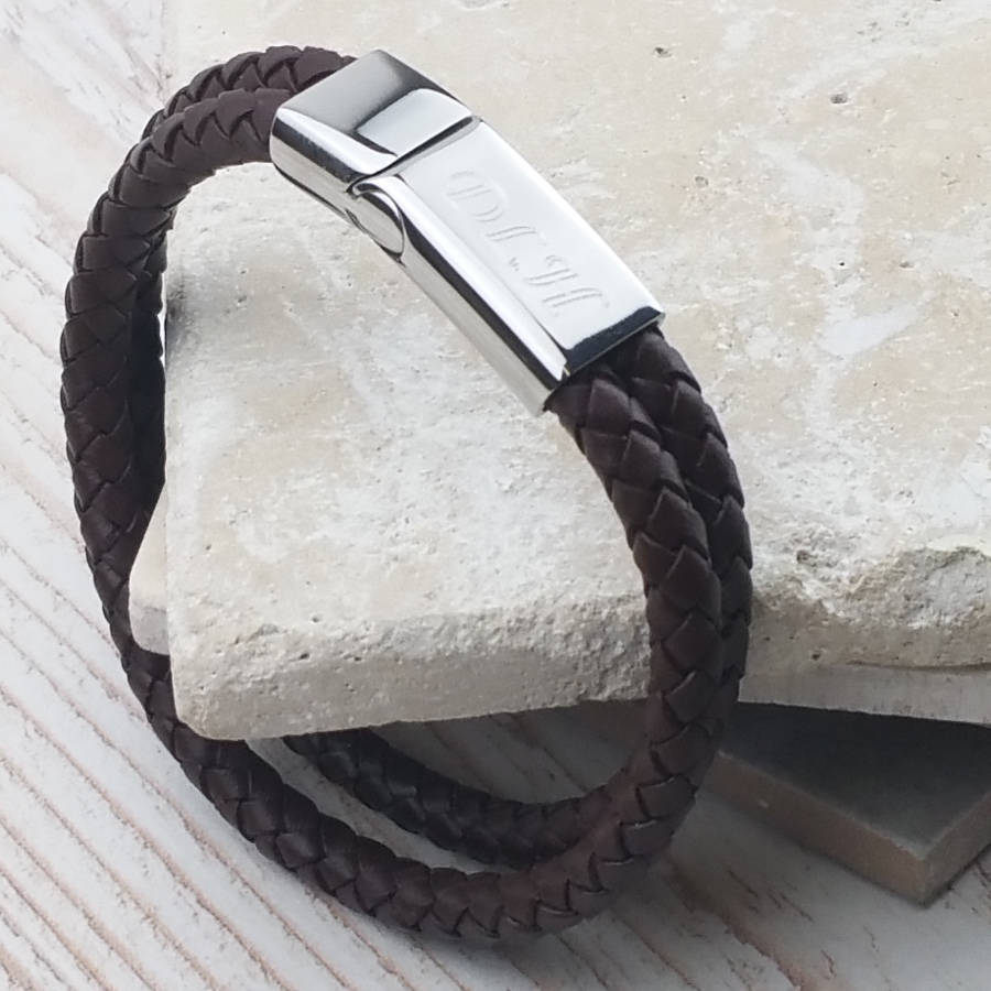Chestnut Brown Leather Personalised Chrome Bracelet By David-Louis Design