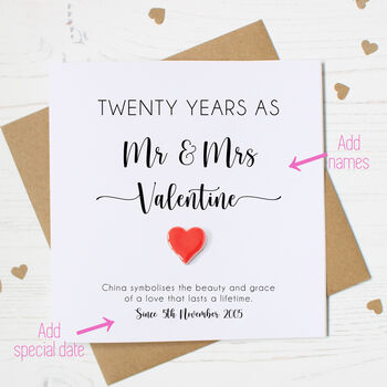 Personalised 20th Wedding Anniversary Card With China Heart, 2 of 5