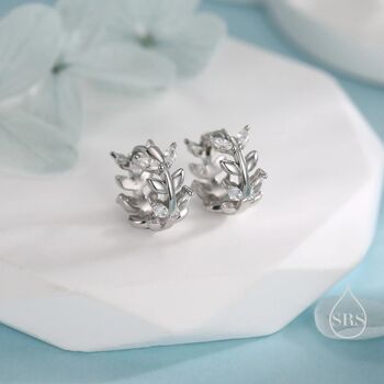 Sterling Silver Cz Olive Leaf Huggie Hoop, 3 of 11