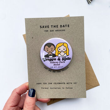 Save The Date Cartoon Lego Style Couple Portrait Magnet, 2 of 5