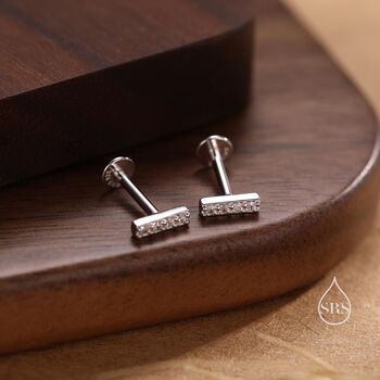 Sterling Silver Extra Tiny Cz Bar Internally Threaded Flat Back Earrings, 3 of 8