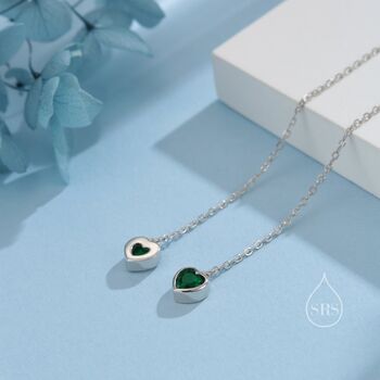 Tiny Emerald Green Cz Heart Threader Earrings, 7 of 10