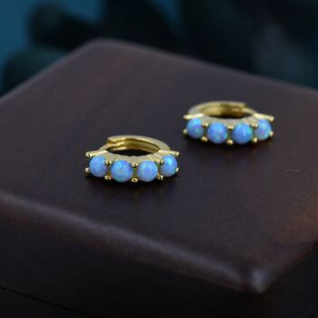 Sterling Silver Blue Opal Huggie Hoops, 5 of 10