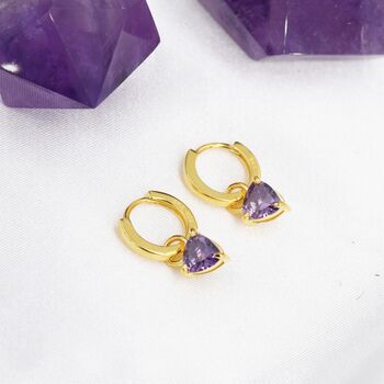 Sterling Silver Amethyst Purple Trillion Cut Cz Hoop Earrings, 3 of 12