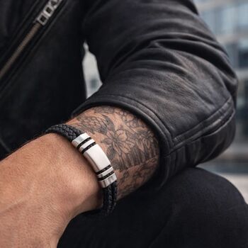 Men’s Adjustable Black Double Leather Bracelet – 12mm Woven Design With Stainless Steel Clasp, 2 of 9