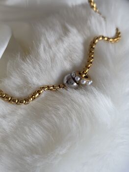 Gold Chunky Rolo Chain Necklace With Pearl Charm And Silver Bead Pendant, 7 of 12