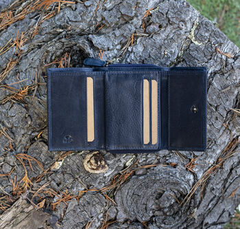 Women's Luxury Navy Blue Leather Small Trifold Purse Rfid Protected Personsalised, 5 of 7