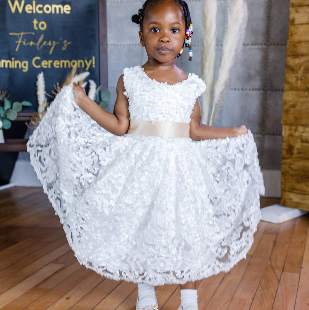 3D Floral Lace White Flower Girl Child Dress And Sash, 1 of 12
