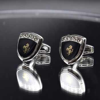 Ferrari Shield Cufflinks Luxury Car Gift For Men Black And Gold Design, 5 of 6