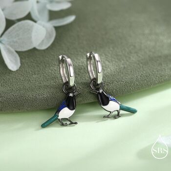Sterling Silver Magpie Enamel Huggie Hoop Earrings, 2 of 9