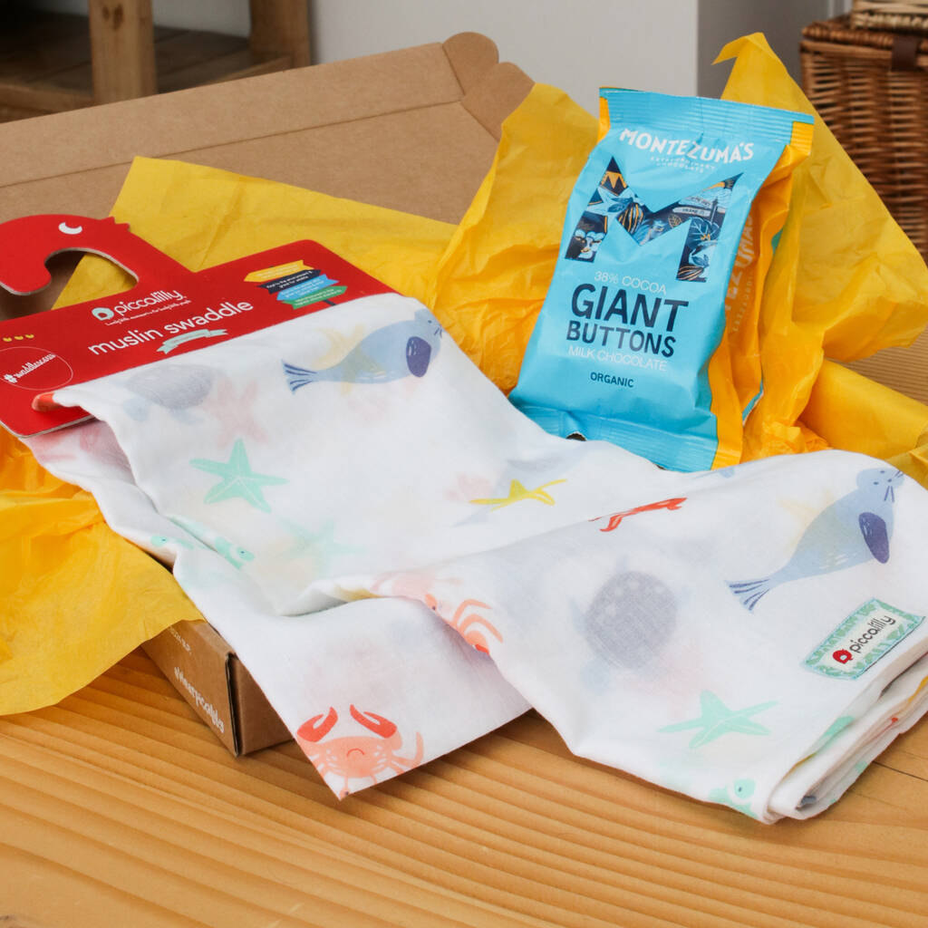 Image of Baby Gift Box Muslin Blanket And Chocolate Buttons
