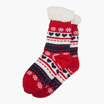 Women's Long Slipper Socks Grip Sole Fair Isle Navy Red, 3 of 3