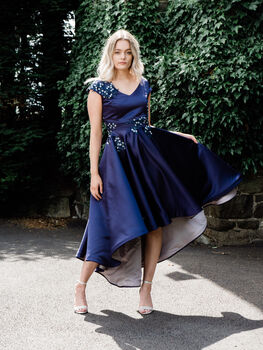 Navy Satin Hi Low And Sparkle Occasion Dress, 2 of 9