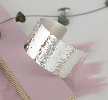 Personalised Wide Silver Hammered Cuff Bracelet, 2 of 4