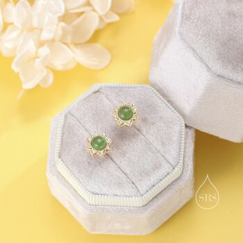 Vintage Inspired Jade Flower Cz Stud Earrings, 4 of 12