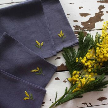 Dusty Blue Linen Hand Embroidered Mimosa Napkins, 2 of 2