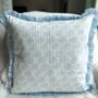 Handmade Quilted Block Print Blue Ruffle Cushion, thumbnail 4 of 5