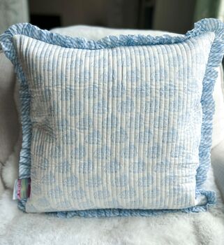 Handmade Quilted Block Print Blue Ruffle Cushion, 4 of 5