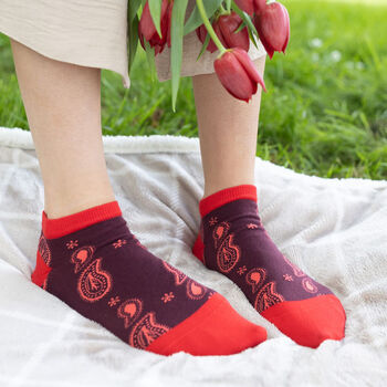 Paisley Burgundy And Organic Sport Red Women Ankle Socks, 5 of 11