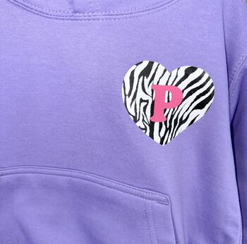 Girls Personalised Zebra Print Heart Lilac Hoodie, 2 of 2