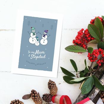 'To My Mum And Stepdad' Christmas Card Snowmen, 4 of 7