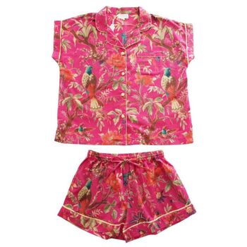 Ladies Hot Pink Birds Print Cotton Short Pyjama Set, 4 of 4