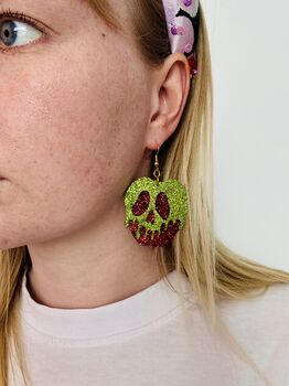 Poison Apple Glitter Statement Earrings / Dark Fairytale Jewellery Small Sparkly Evil Queen Earrings / Spooky Jewellery, 3 of 8