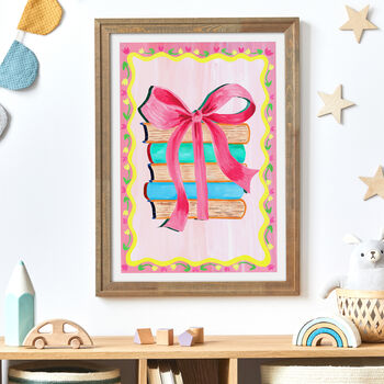 Pink And Lilac Books With Bow Nursery Print – Girls Room Wall Art, Children’s Library Illustration, 3 of 11