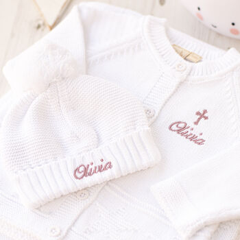 White Personalised Christening Cardigan With Cross, 8 of 12