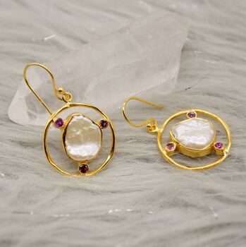 Pearl, Tourmaline Gold Plated Sterling Silver Earrings, 4 of 5