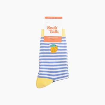Embroidered Lemon Striped Combed Cotton Socks In Blue, 4 of 4