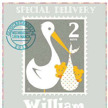 Personalised Twins 'Special Delivery' New Babies Print, 4 of 5