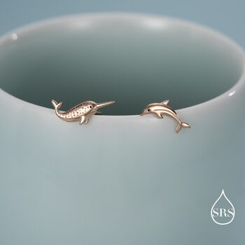 Mismatched Narwhal Unicorn Whale And Dolphin Stud Earrings In Sterling Silver, 7 of 12