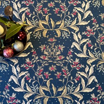 Luxury Heavy Linen Feel Tablecloth Christmas Ivy Navy And Gold, 6 of 7