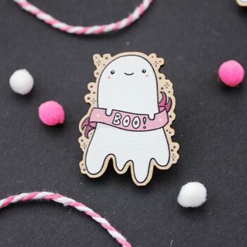 Cute Spooky Ghost Wooden Pin Badge, 5 of 5
