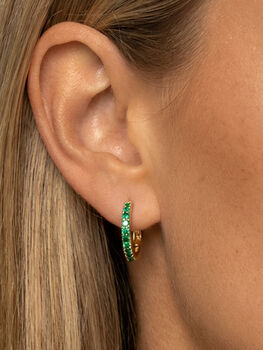 Women's Small Hoop Earrings With Emerald Green Stones In 18k Gold, 3 of 4