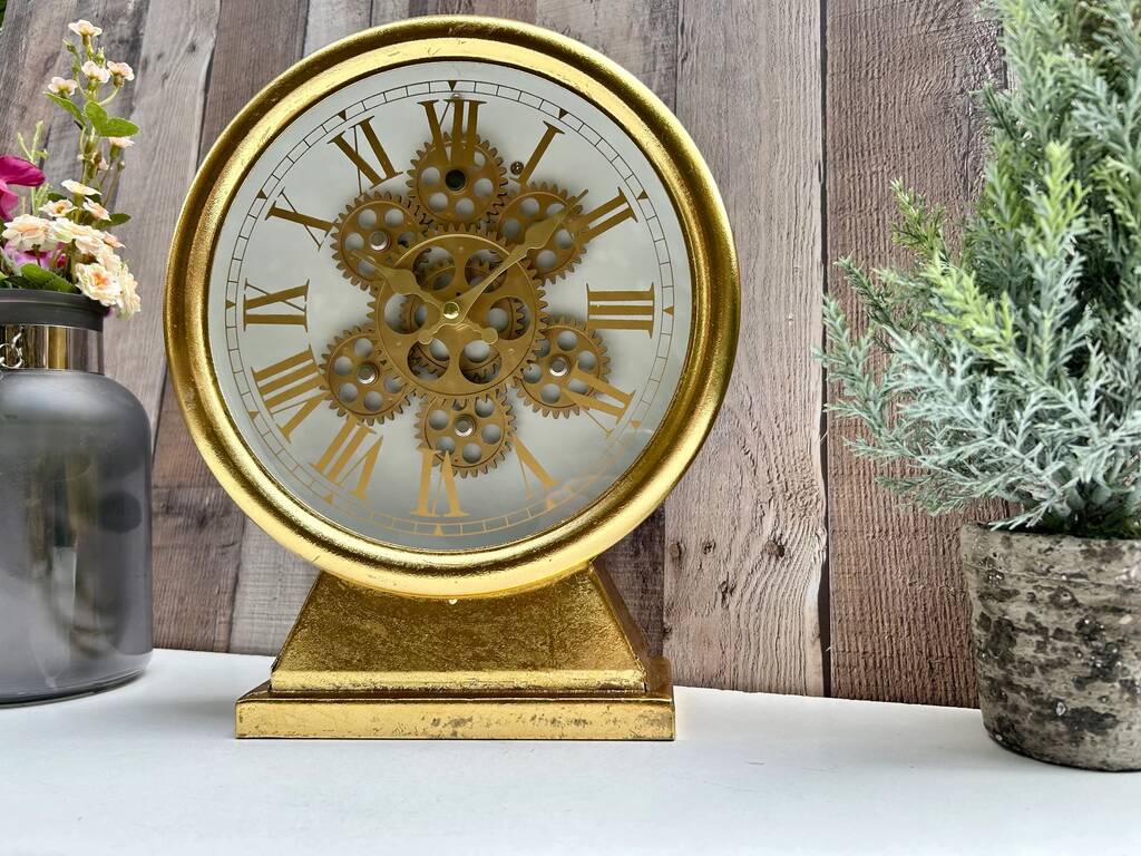 Gold Distressed Moving Gears Mantel Clock Roman Numeral, 1 of 8