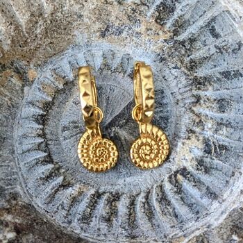 The Ammonite Accent Pyramid Gold Plated Hoop Earrings, 2 of 4